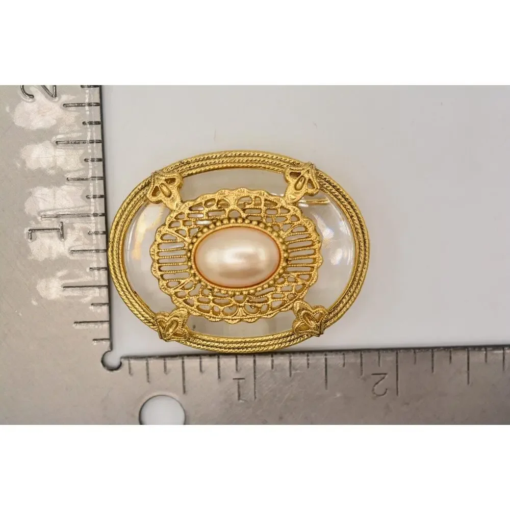 1928 Vintage Clear Lucite Pearl Pin Brooch Oval Antiqued Gold Chunky 1980s BinAL